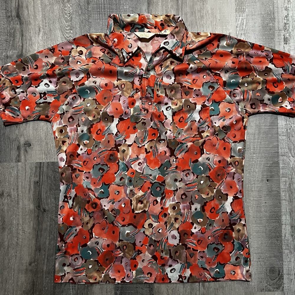 VTG 60s 70s Knitwear By Di Fini Floral Perma Prest Colorful Disco Polo Shirt L